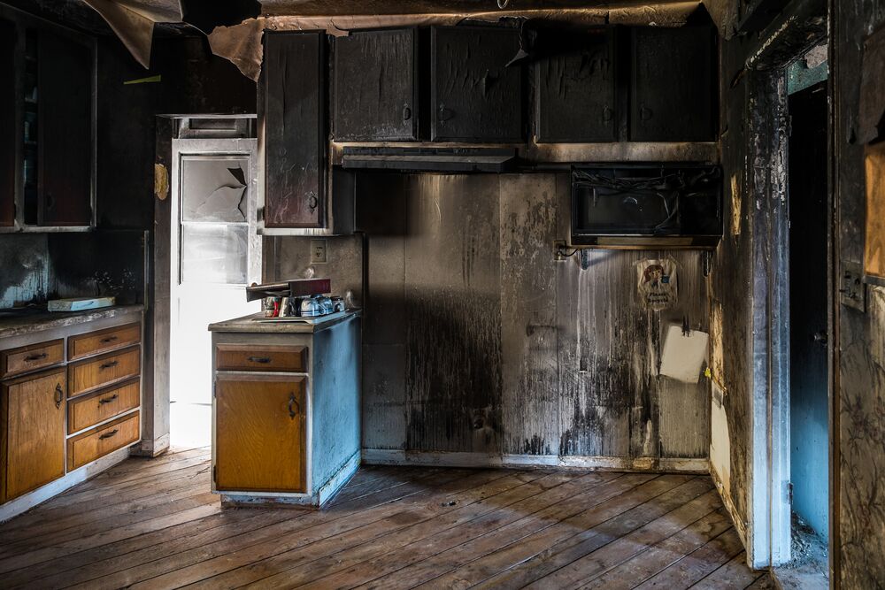 Charred kitchen after a fire