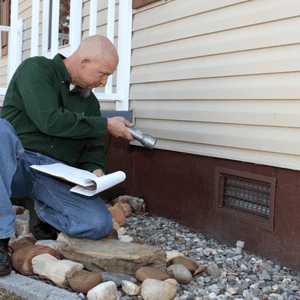 Home inspector checking the foundation for cracks. 