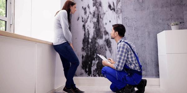 Delayed Water Damage Repair- Mold Damage On House Wall woman and man inspecting